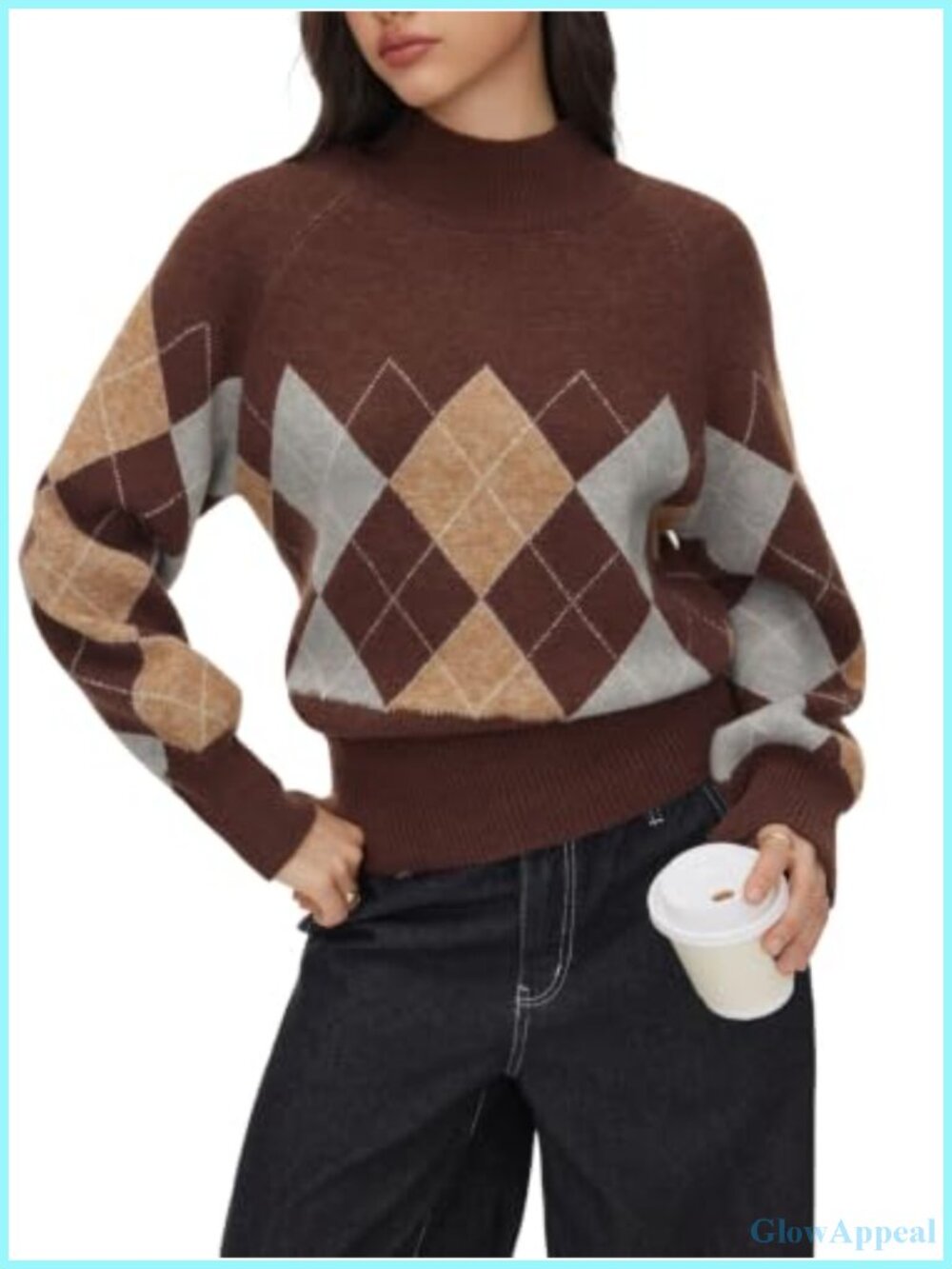 Women's Mock Neck Argyle Knit Pullover Sweater Oversized Lantern Sleeve